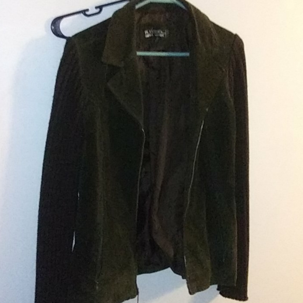 Brown& Dark Olive Leather sweater with front zip.
